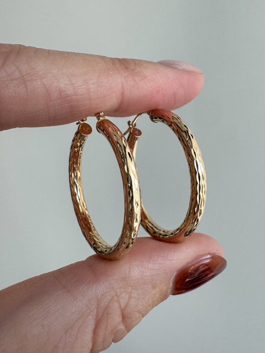Large 14K Round Diamond Cut Hoops