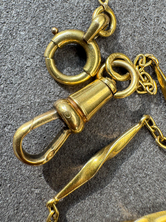 Antique French 18K Yellow Gold Twisted Bar Link Watch Chain with Dog Clip and Bolt Clasp