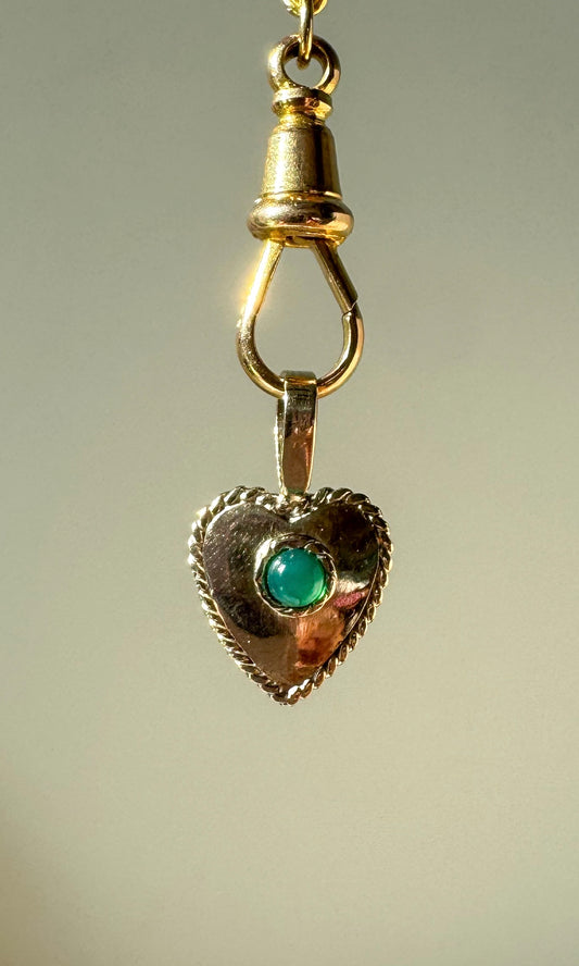 Vintage 14K White Gold Heart Charm with Green Glass