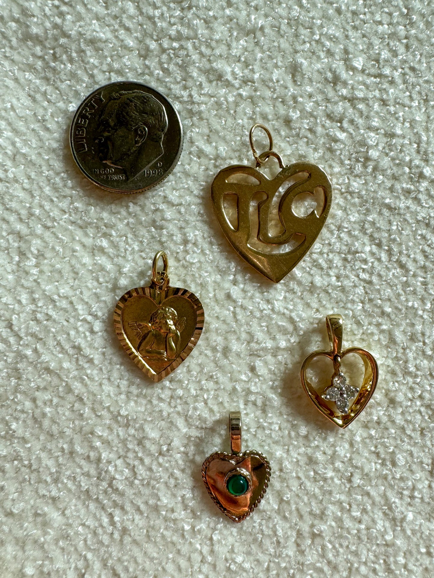 Vintage 14K White Gold Heart Charm with Green Glass