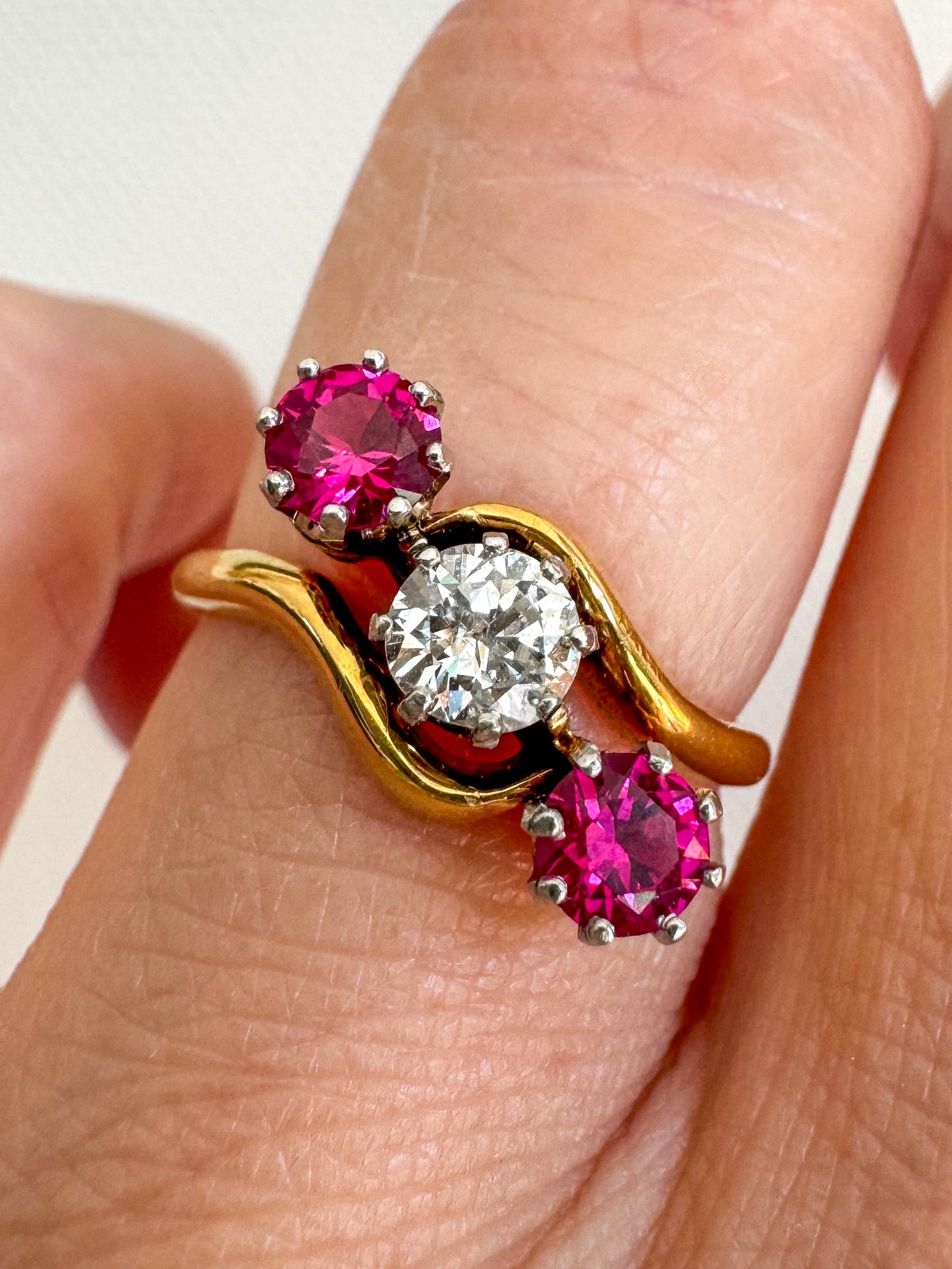 Antique 18K Gold, Diamond and Ruby Three-Stone Ring