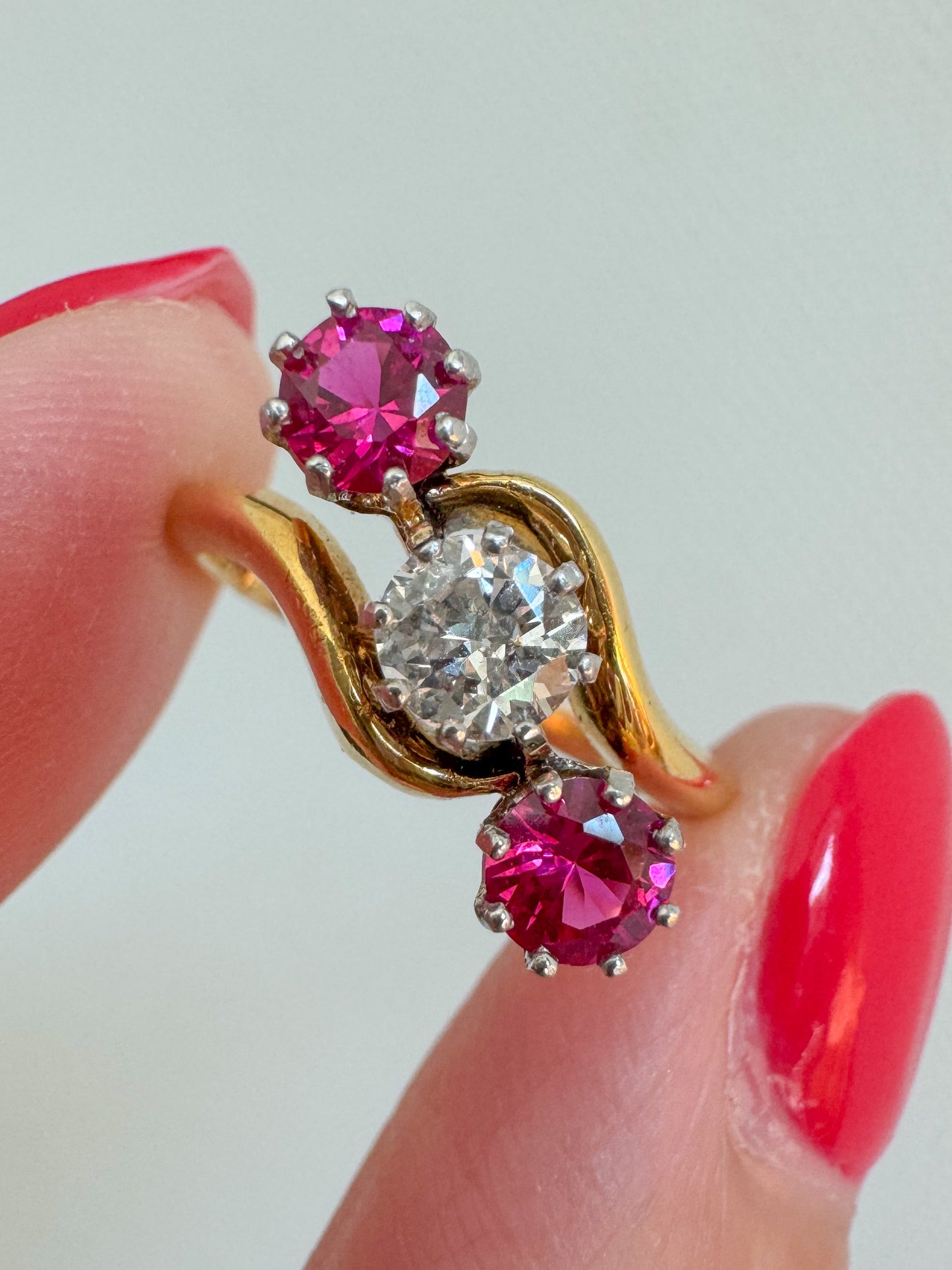 Antique 18K Gold, Diamond and Ruby Three-Stone Ring