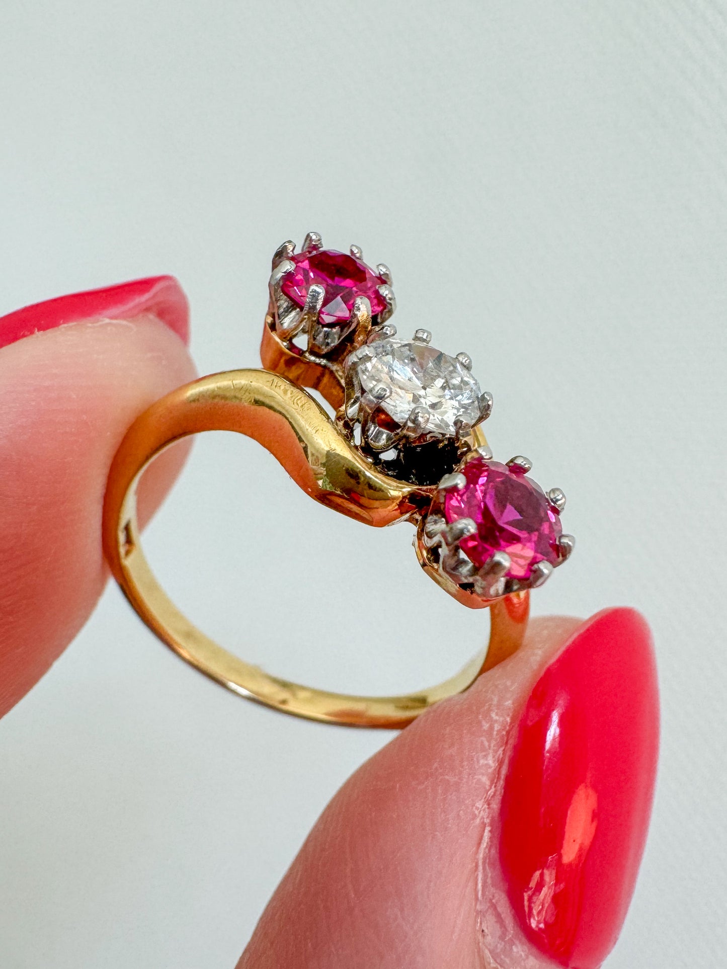 Antique 18K Gold, Diamond and Ruby Three-Stone Ring