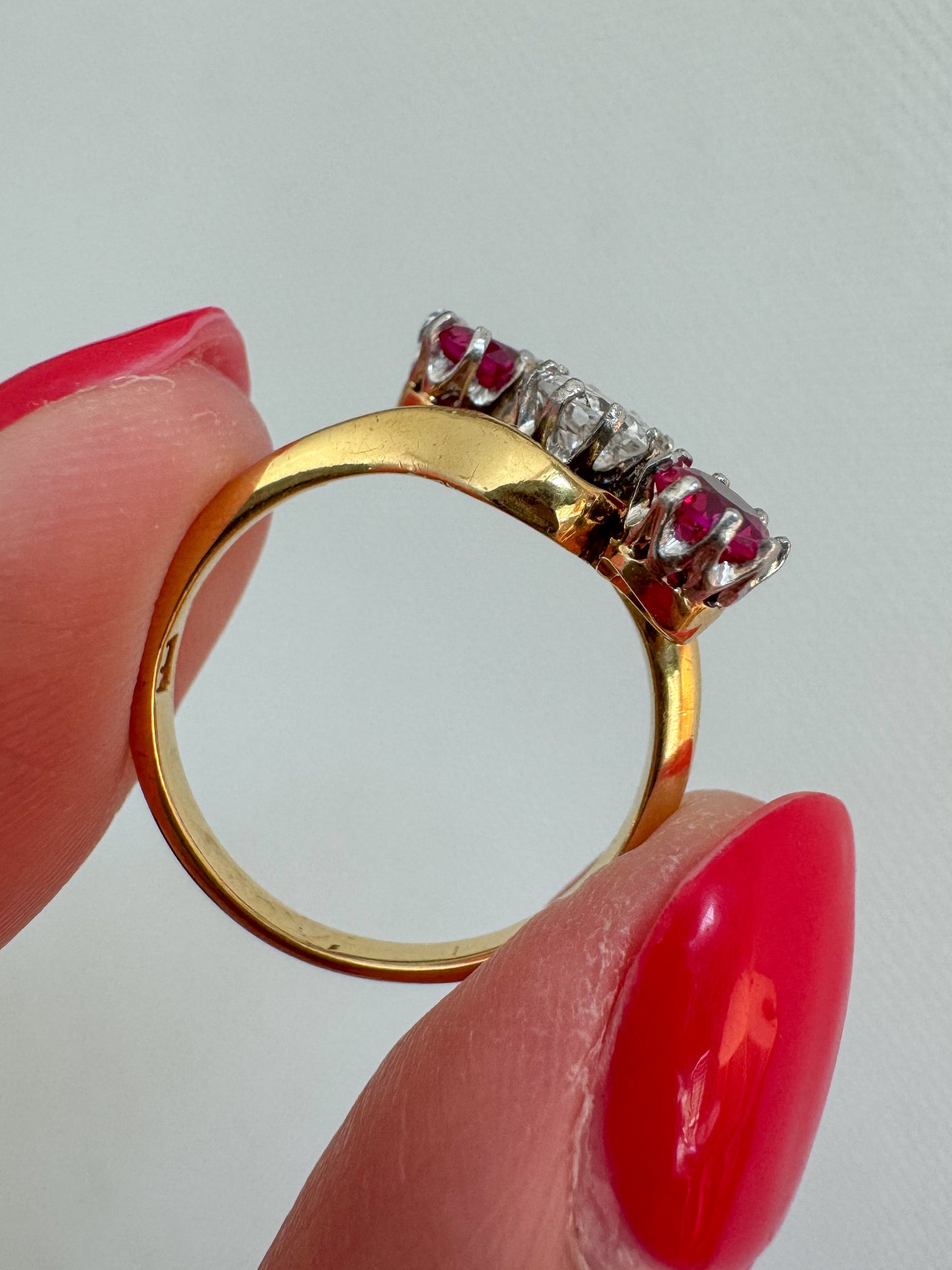 Antique 18K Gold, Diamond and Ruby Three-Stone Ring