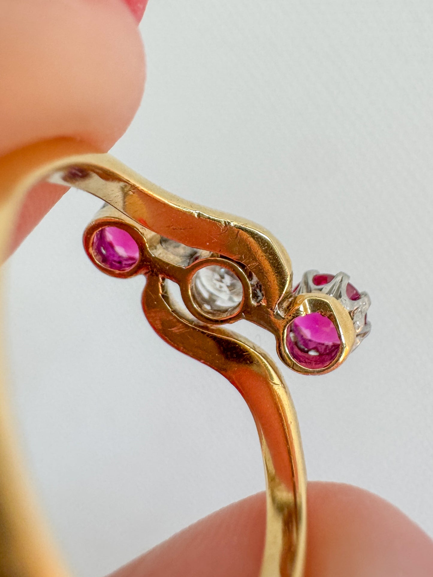 Antique 18K Gold, Diamond and Ruby Three-Stone Ring