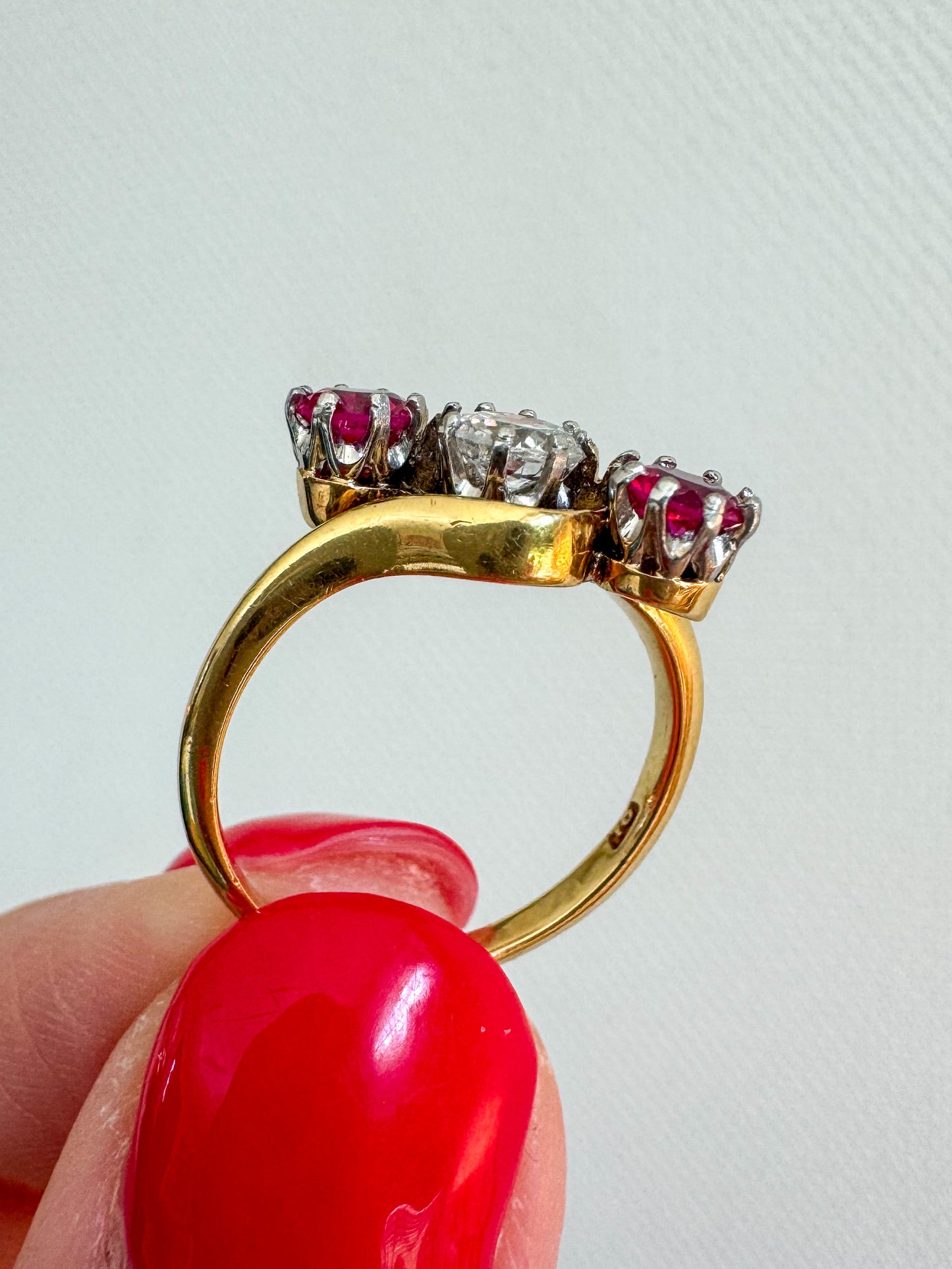 Antique 18K Gold, Diamond and Ruby Three-Stone Ring