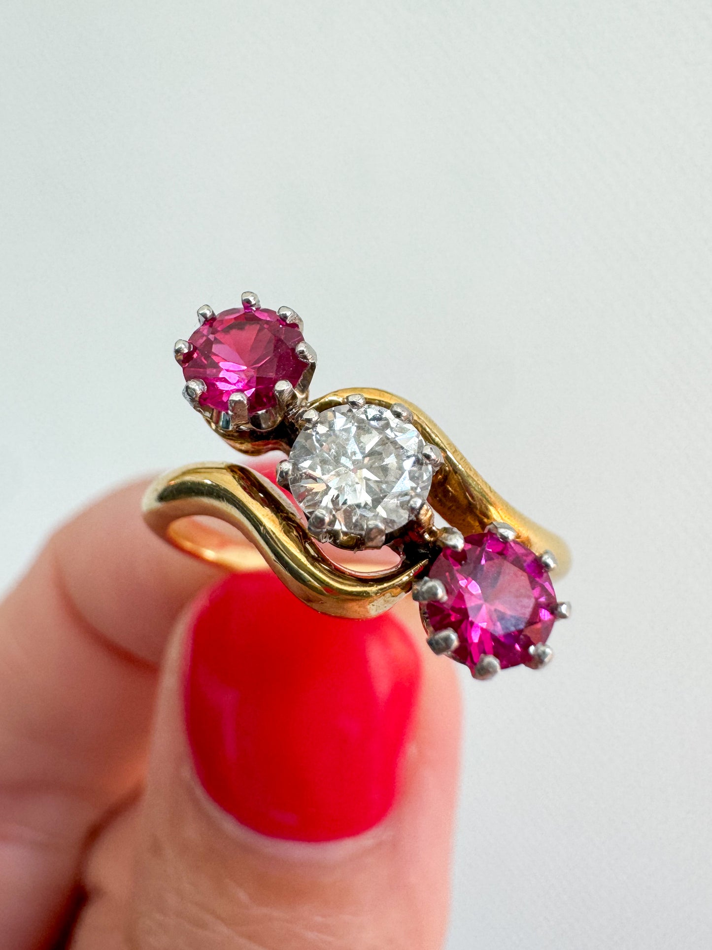 Antique 18K Gold, Diamond and Ruby Three-Stone Ring