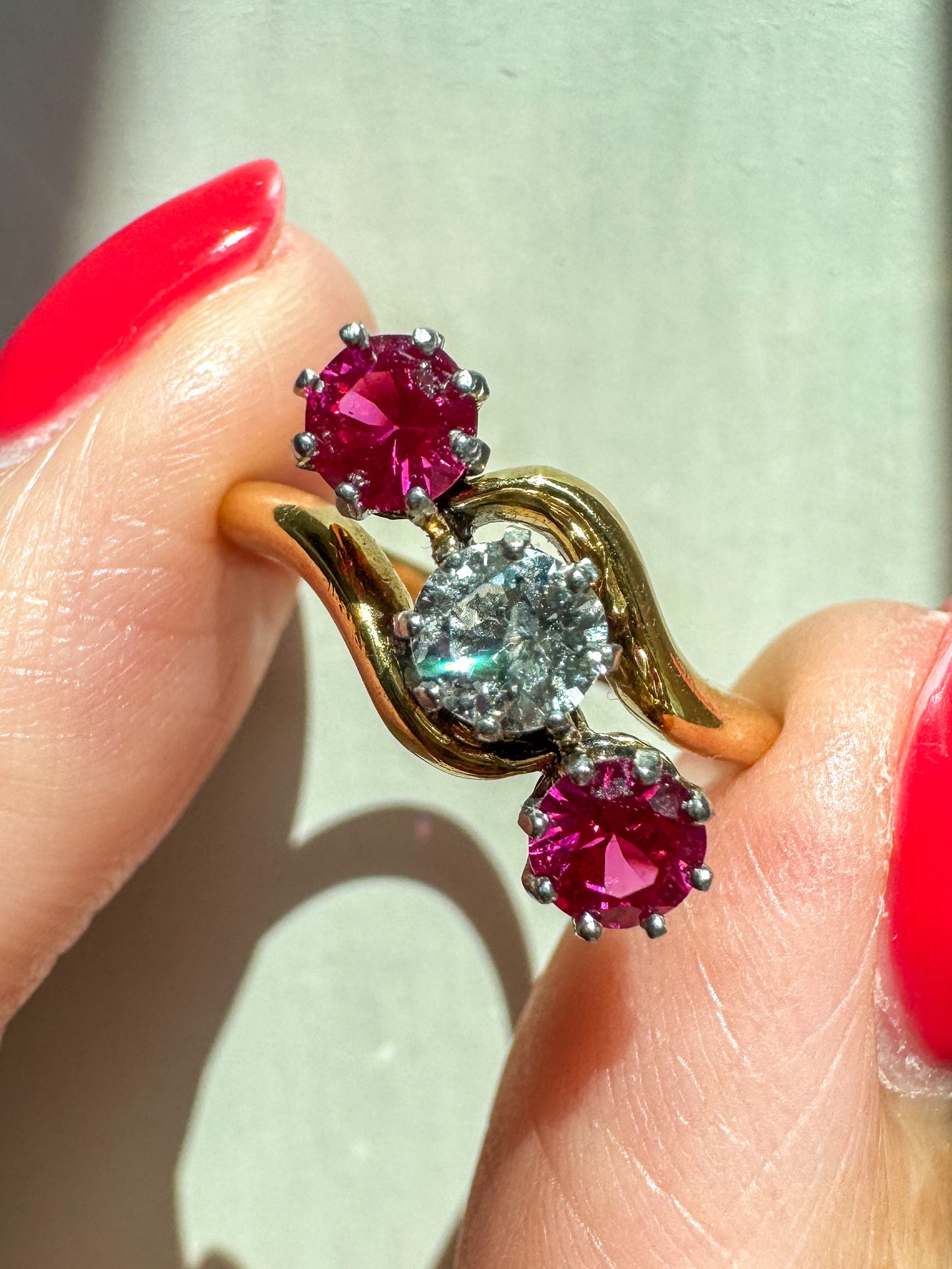 Antique 18K Gold, Diamond and Ruby Three-Stone Ring