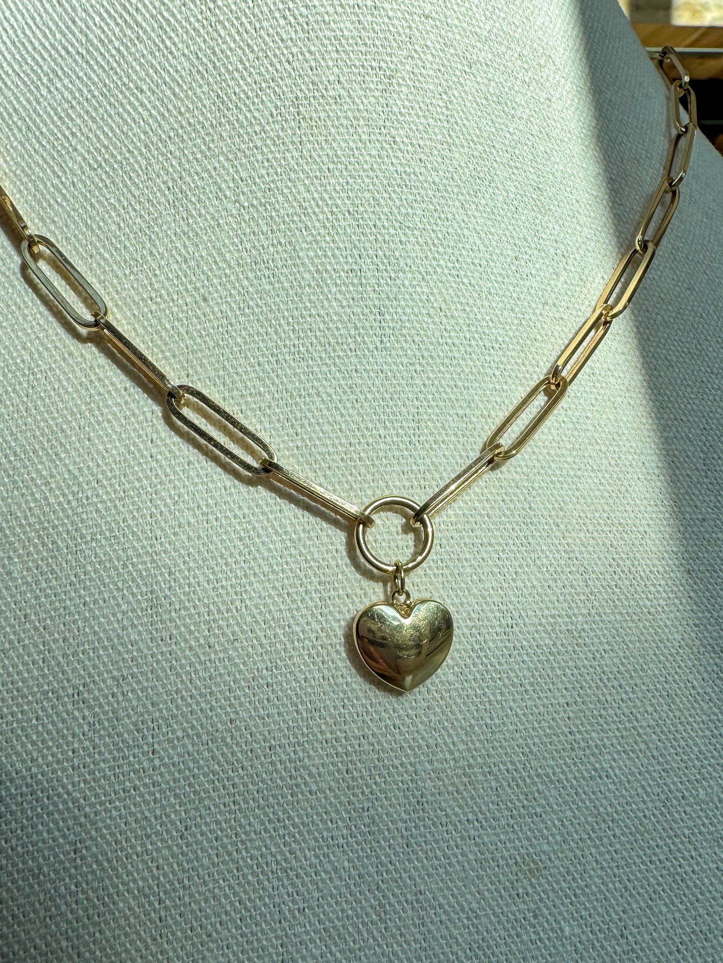 Modern 14K Paperclip Link and Heart Necklace