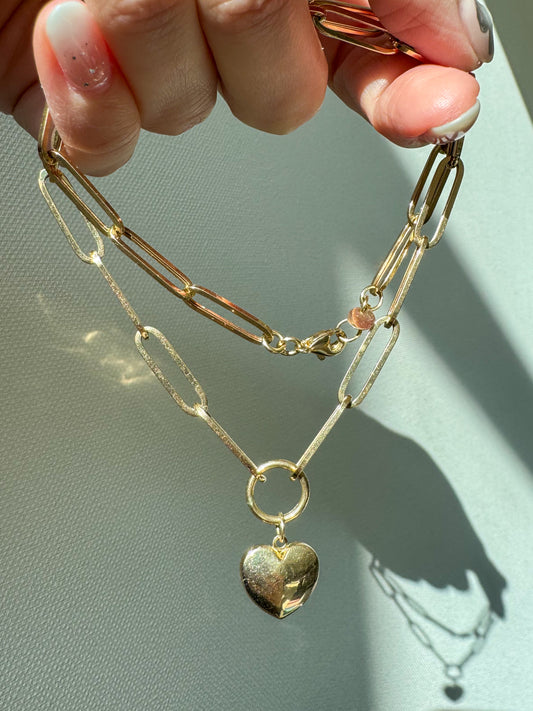 Modern 14K Paperclip Link and Heart Necklace