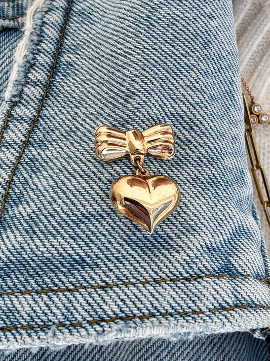 Vintage 14K Bow and Heart Brooch