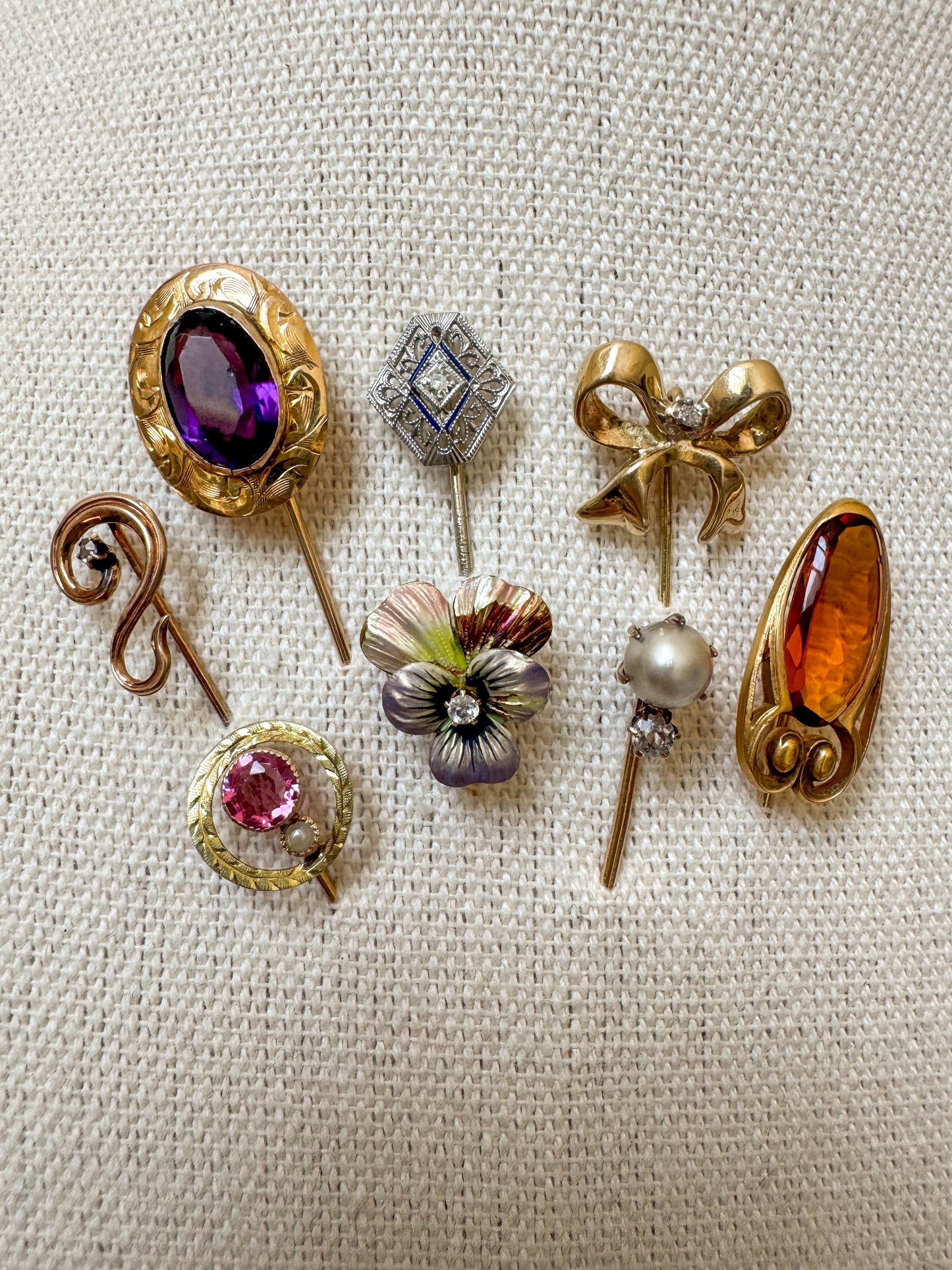 Early Vintage Engraved 10K Gold and Purple Glass Stick Pin