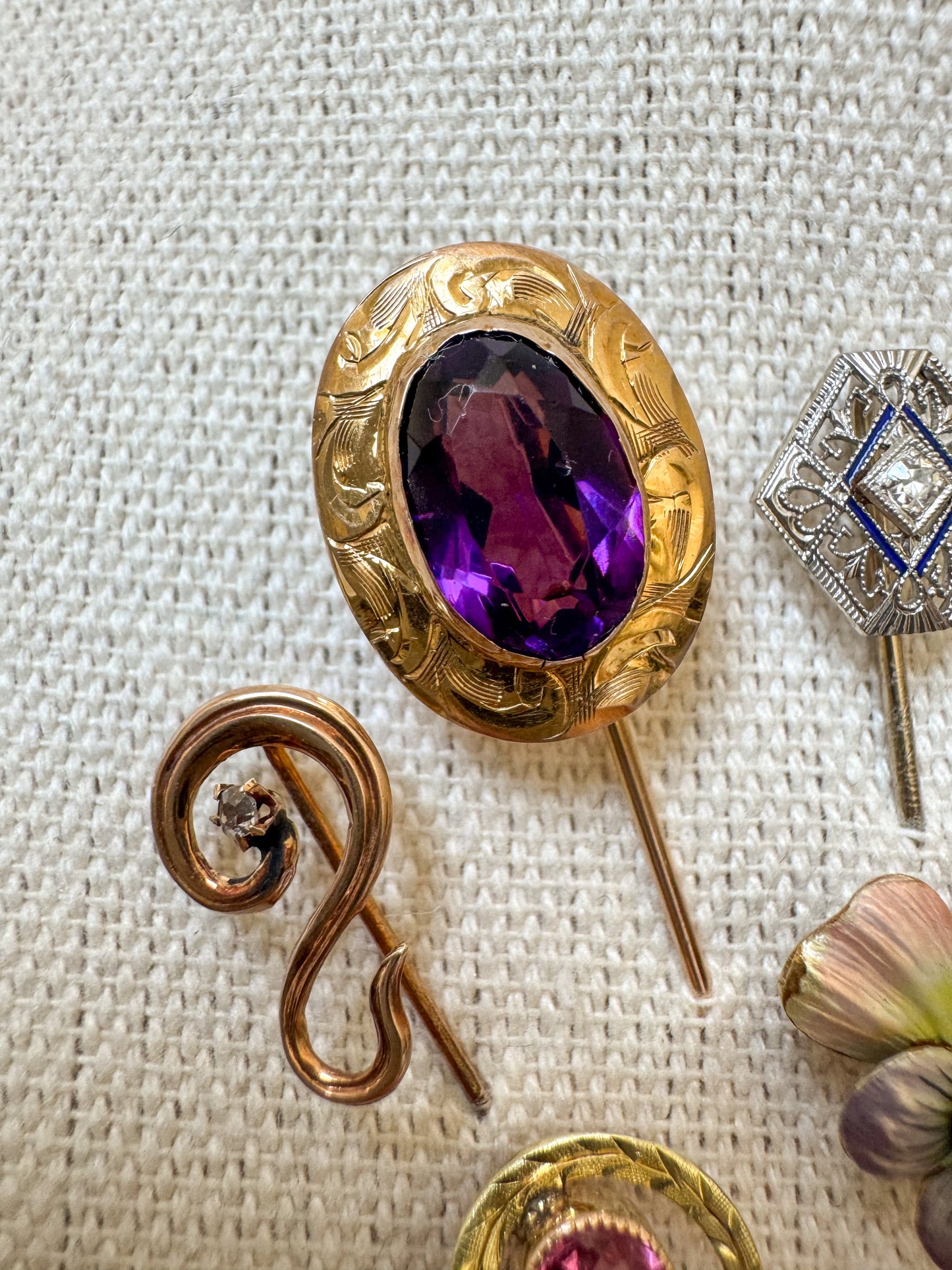 Early Vintage Engraved 10K Gold and Purple Glass Stick Pin