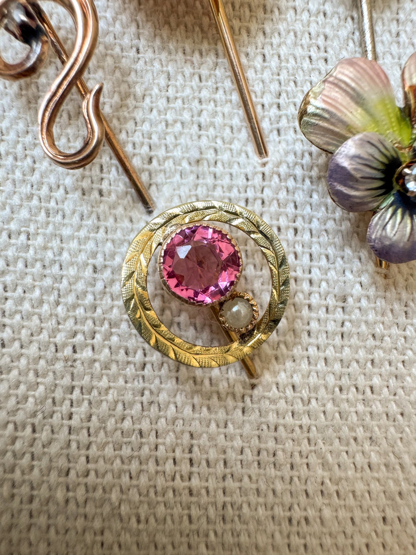 Early Vintage Engraved 10K Gold, Pink Glass and Seed Pearl Stick Pin