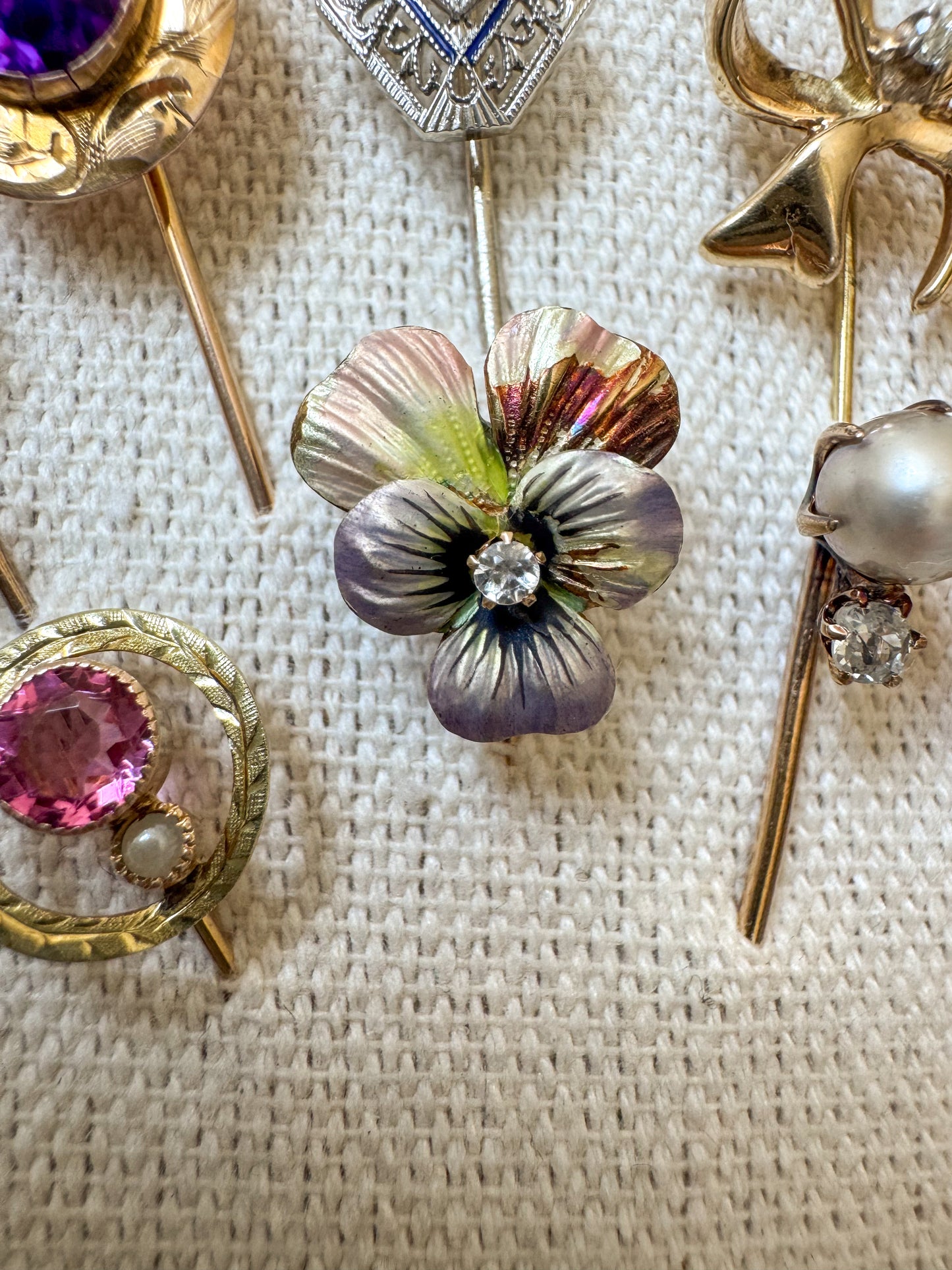 Antique 14K Yellow Gold and Enamel Pansy Stick Pin