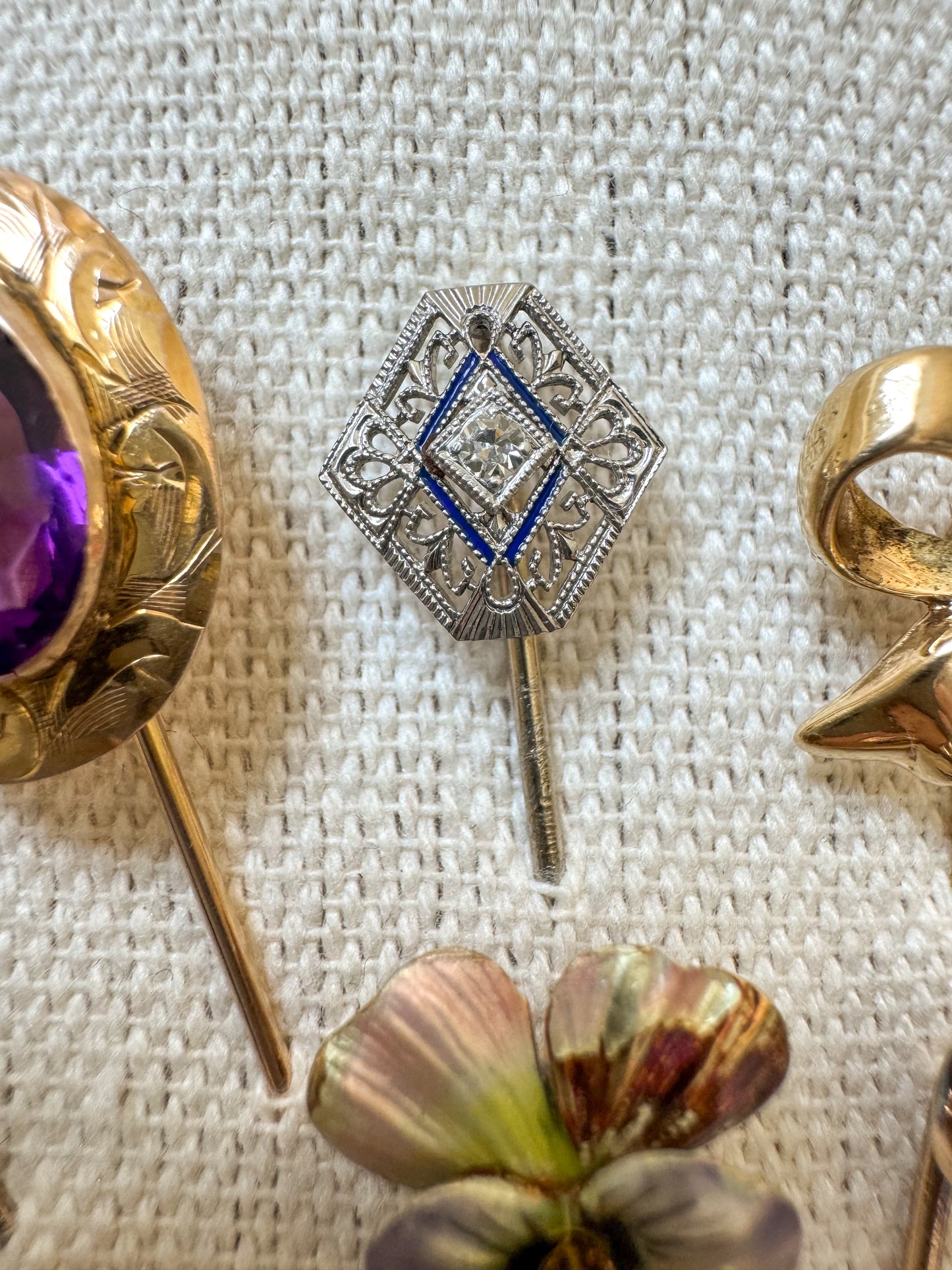 Art Deco Platinum, Diamond and Blue Enamel Stick Pin