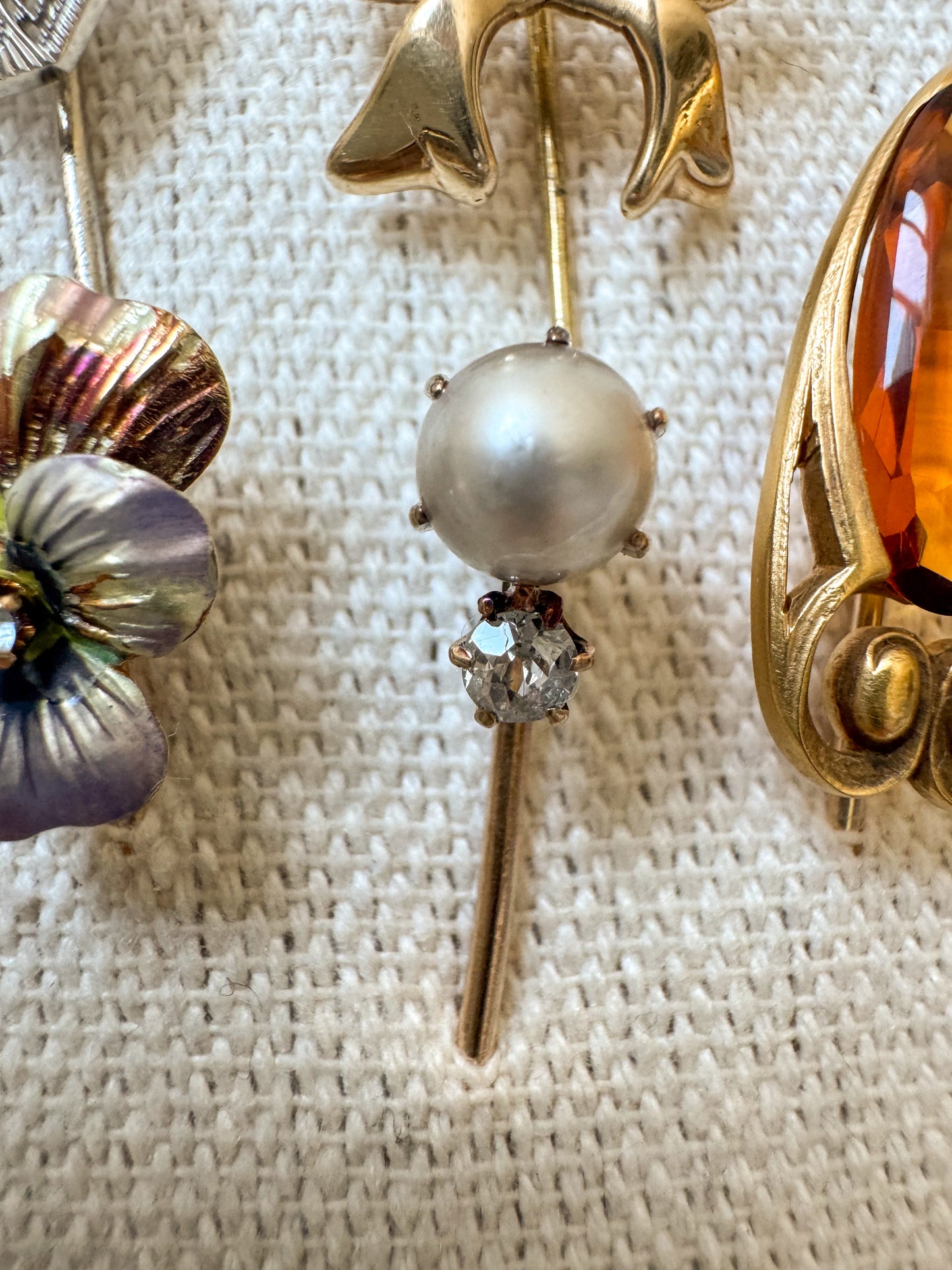 Antique 14K Gold Pearl and Old Mine Cut Diamond Stick Pin