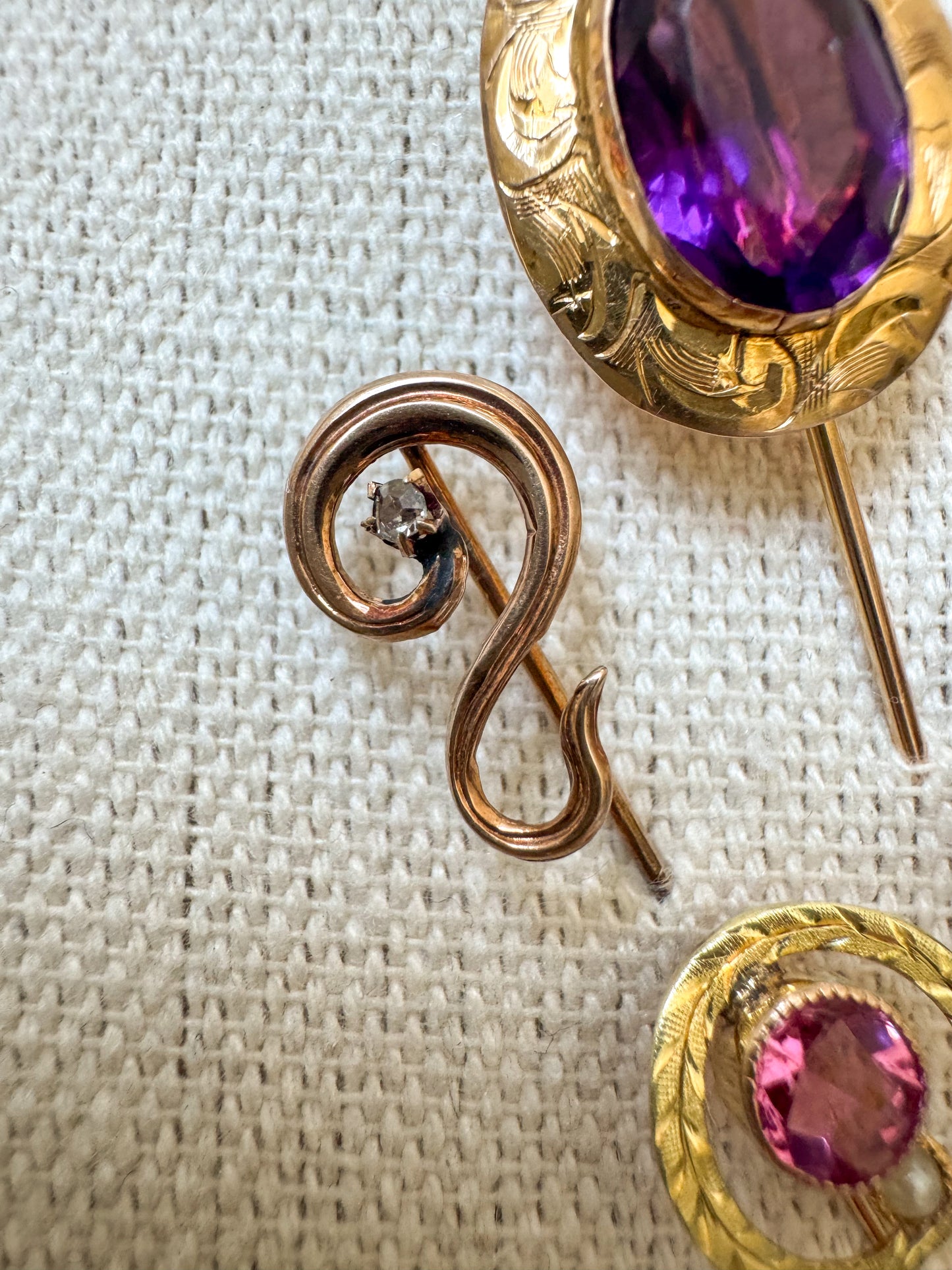 Antique 10K Gold Swirl Stick Pin with Old Cut Diamond