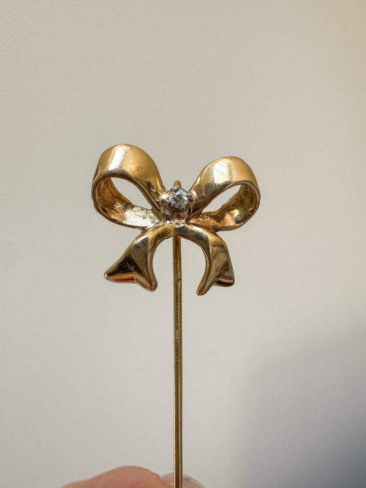 Vintage 14K Gold Bow Stick Pin with Diamond Accent