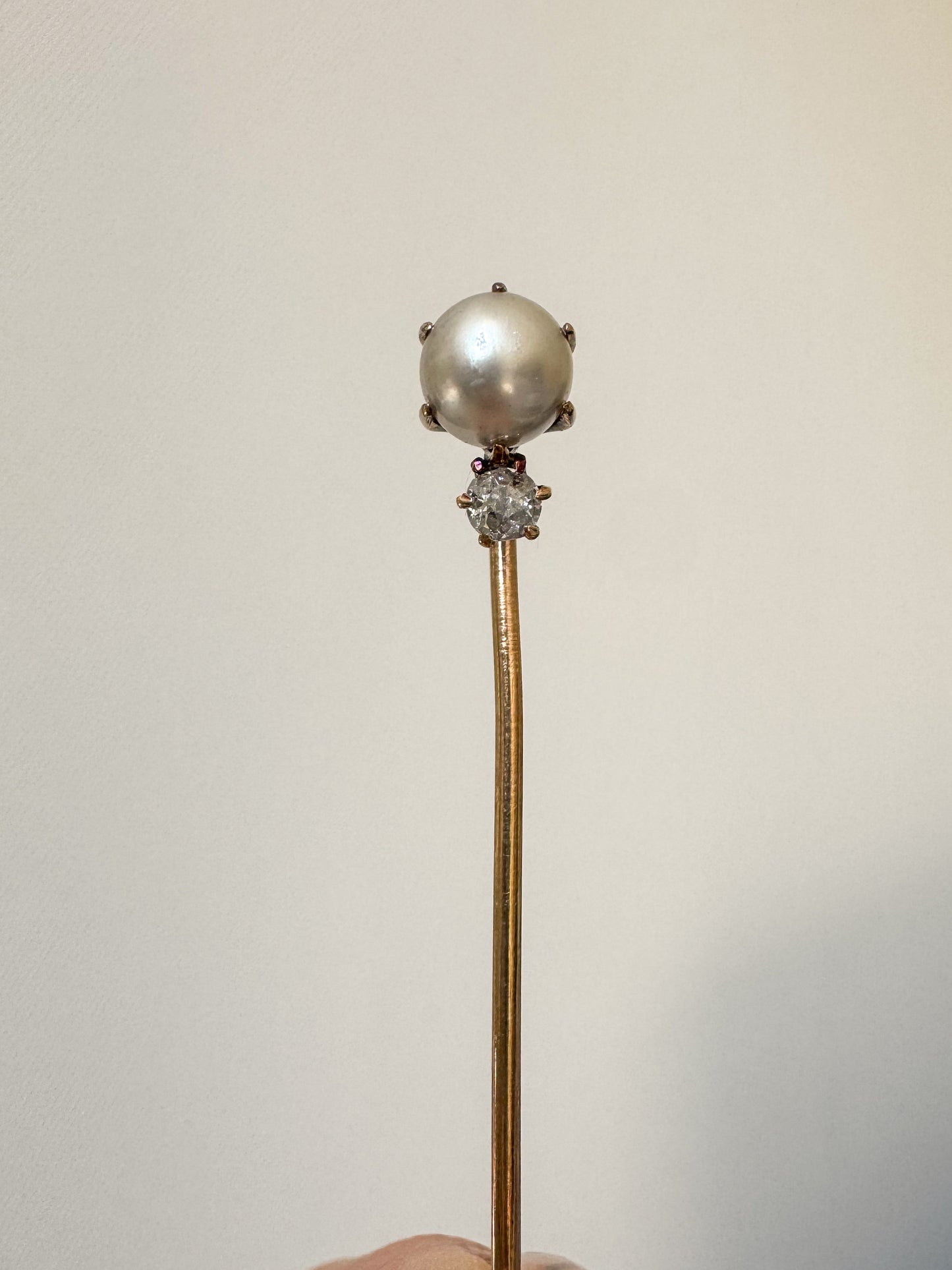 Antique 14K Gold Pearl and Old Mine Cut Diamond Stick Pin