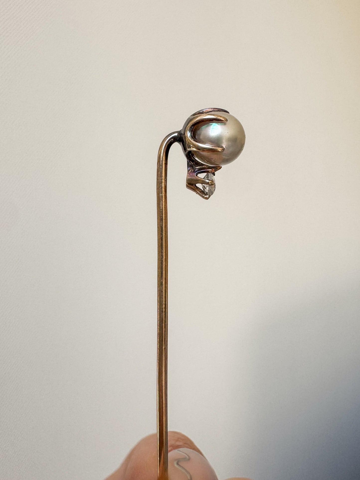 Antique 14K Gold Pearl and Old Mine Cut Diamond Stick Pin