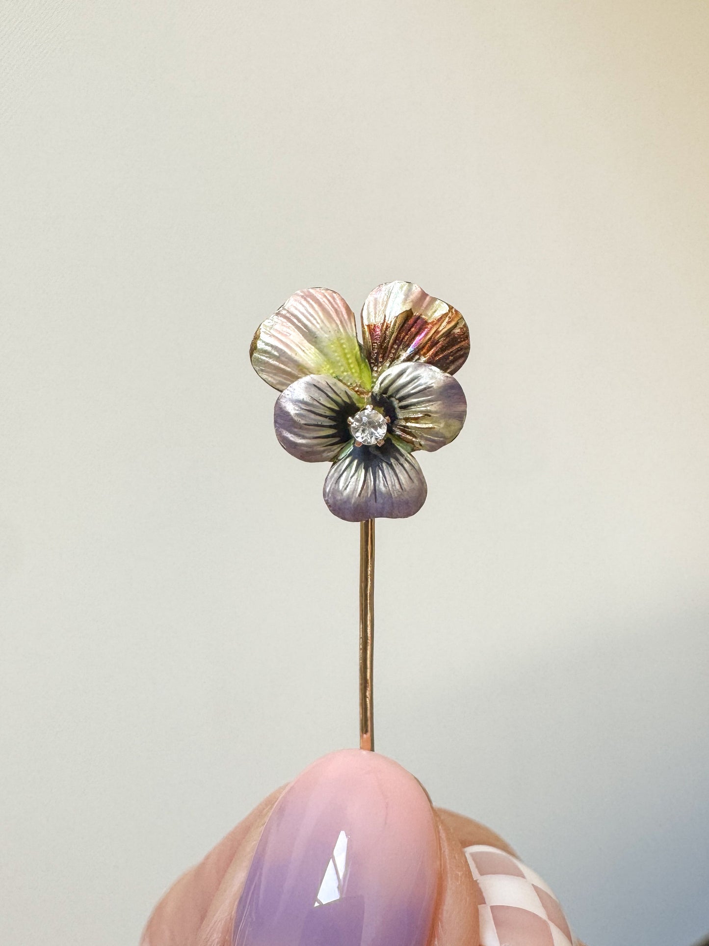 Antique 14K Yellow Gold and Enamel Pansy Stick Pin