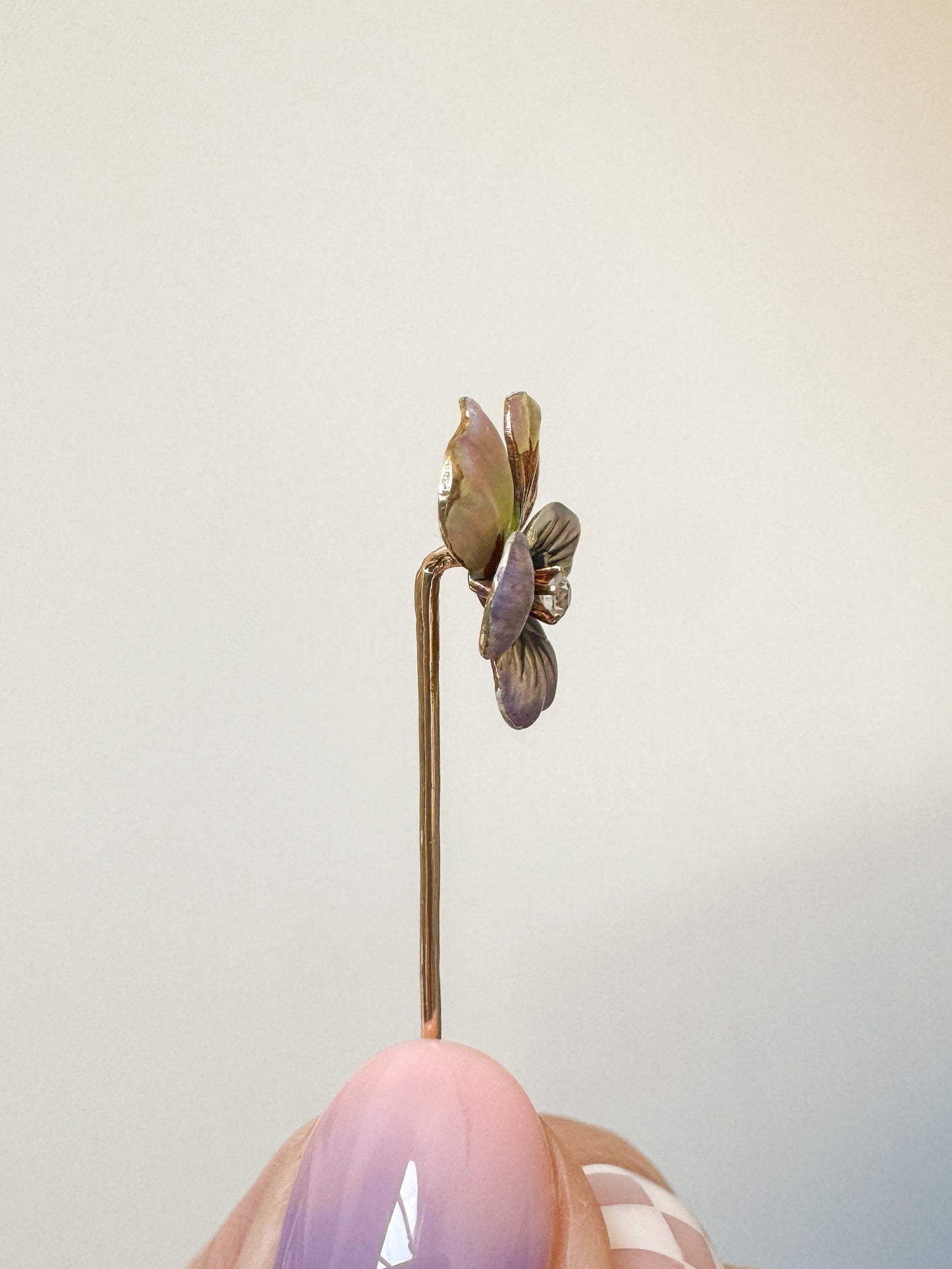 Antique 14K Yellow Gold and Enamel Pansy Stick Pin