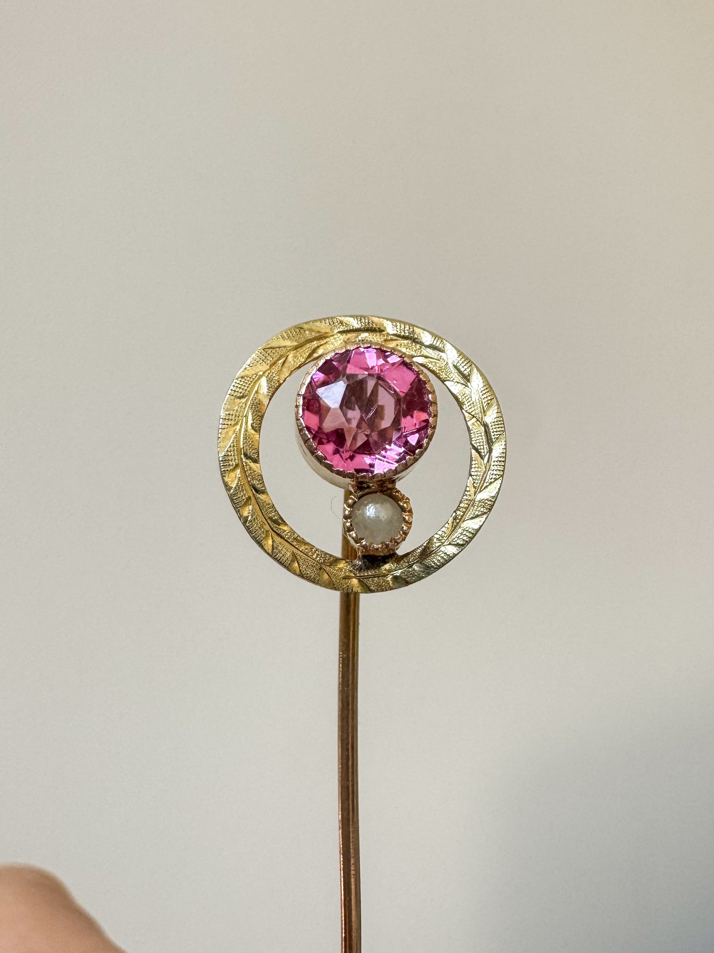 Early Vintage Engraved 10K Gold, Pink Glass and Seed Pearl Stick Pin