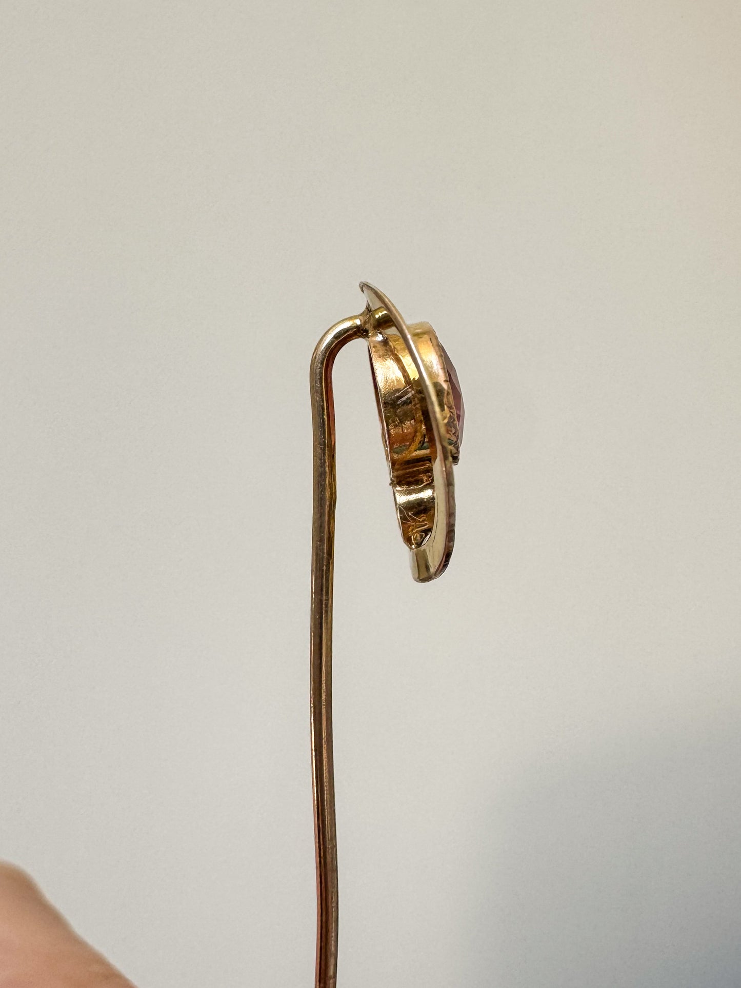 Early Vintage Engraved 10K Gold, Pink Glass and Seed Pearl Stick Pin