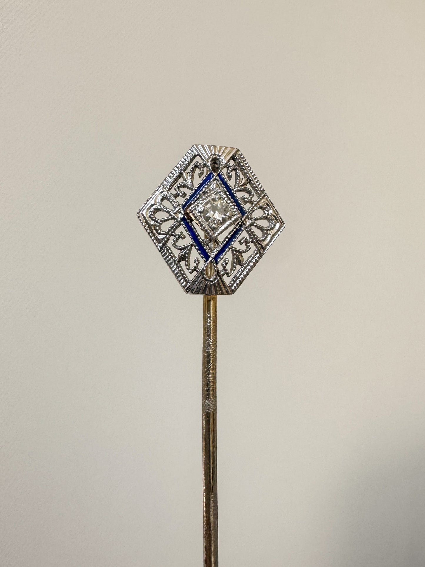 Art Deco Platinum, Diamond and Blue Enamel Stick Pin