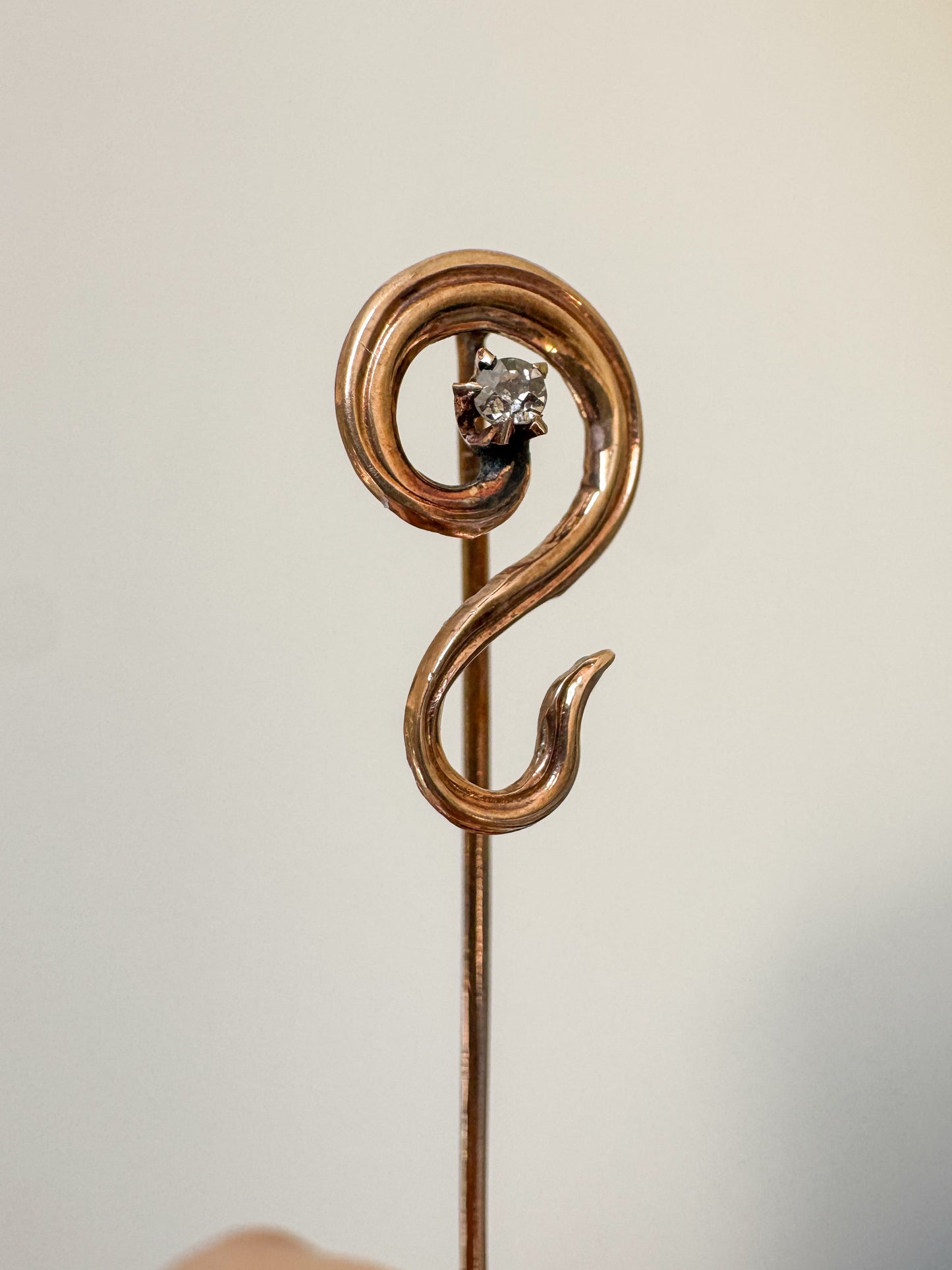 Antique 10K Gold Swirl Stick Pin with Old Cut Diamond