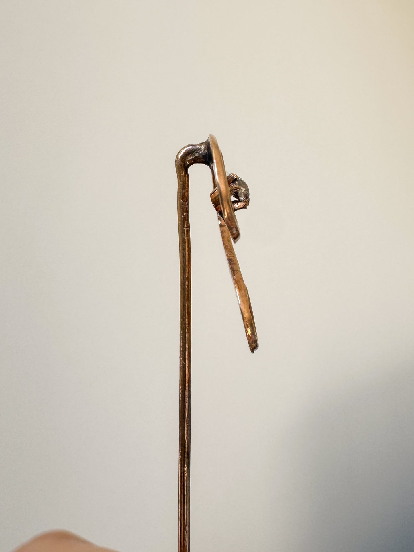 Antique 10K Gold Swirl Stick Pin with Old Cut Diamond