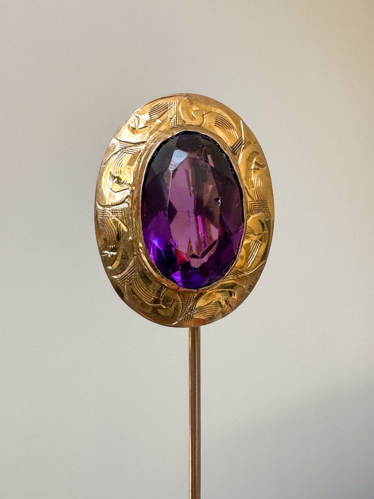 Early Vintage Engraved 10K Gold and Purple Glass Stick Pin