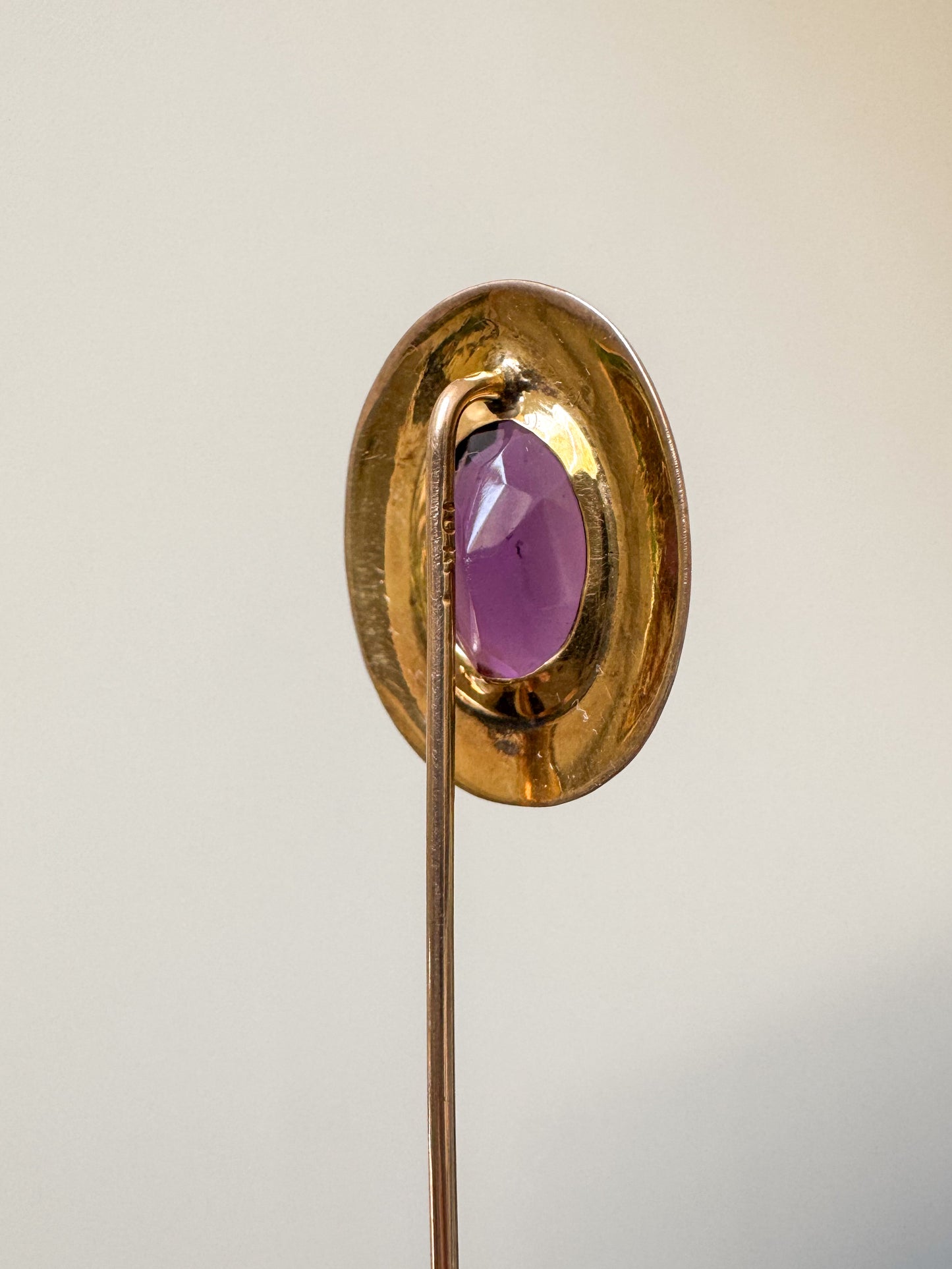 Early Vintage Engraved 10K Gold and Purple Glass Stick Pin