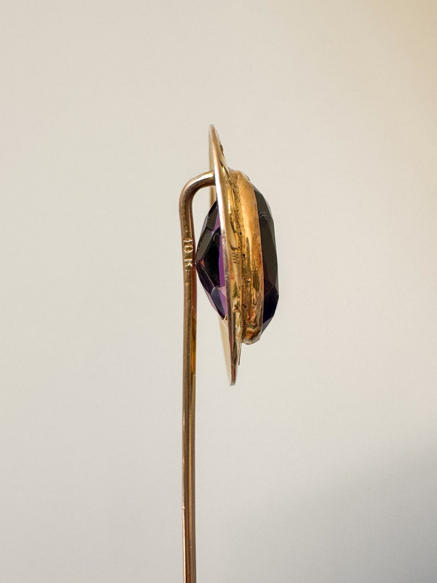 Early Vintage Engraved 10K Gold and Purple Glass Stick Pin