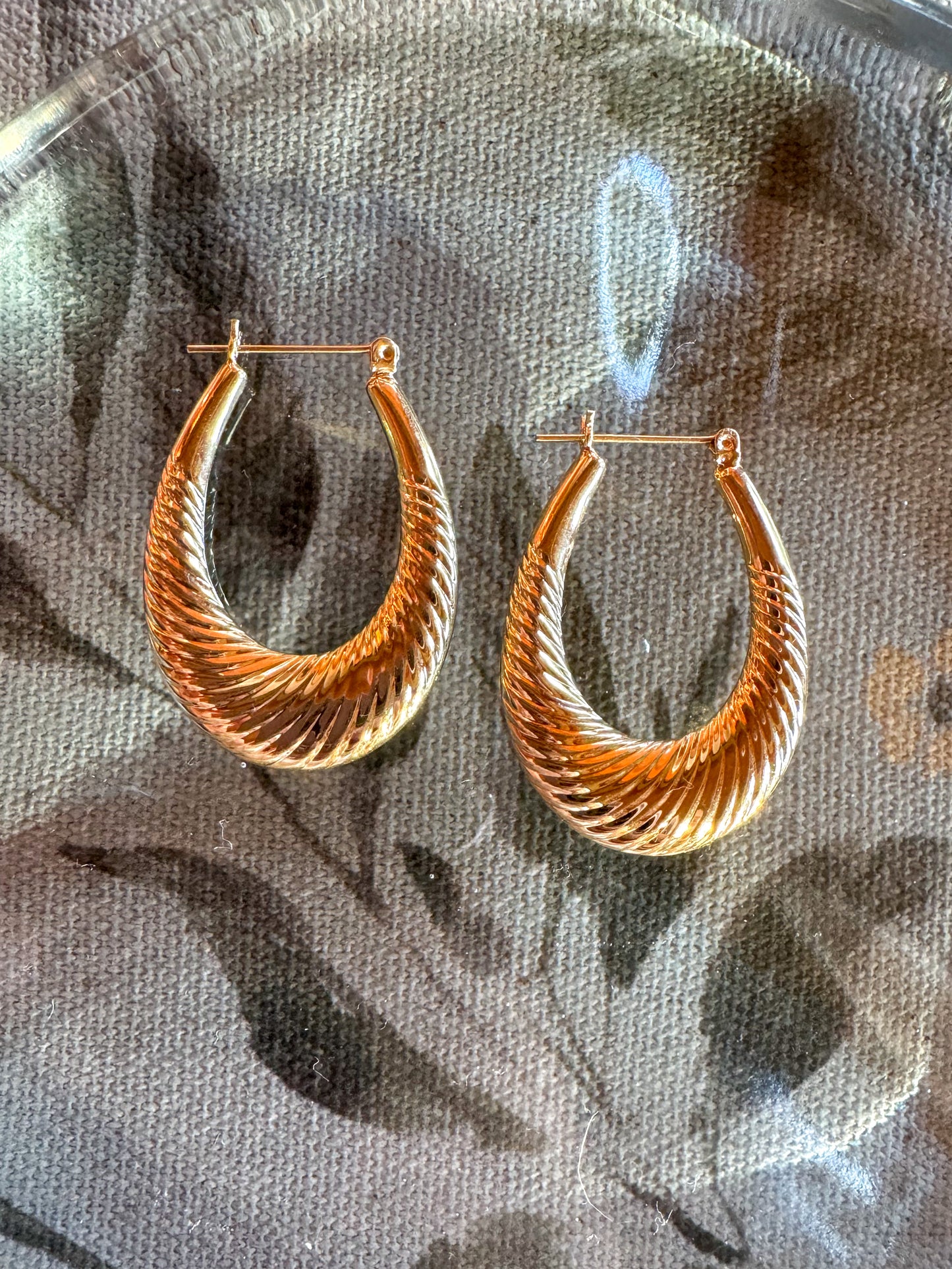 14K Large Yellow Gold Ribbed Hoops