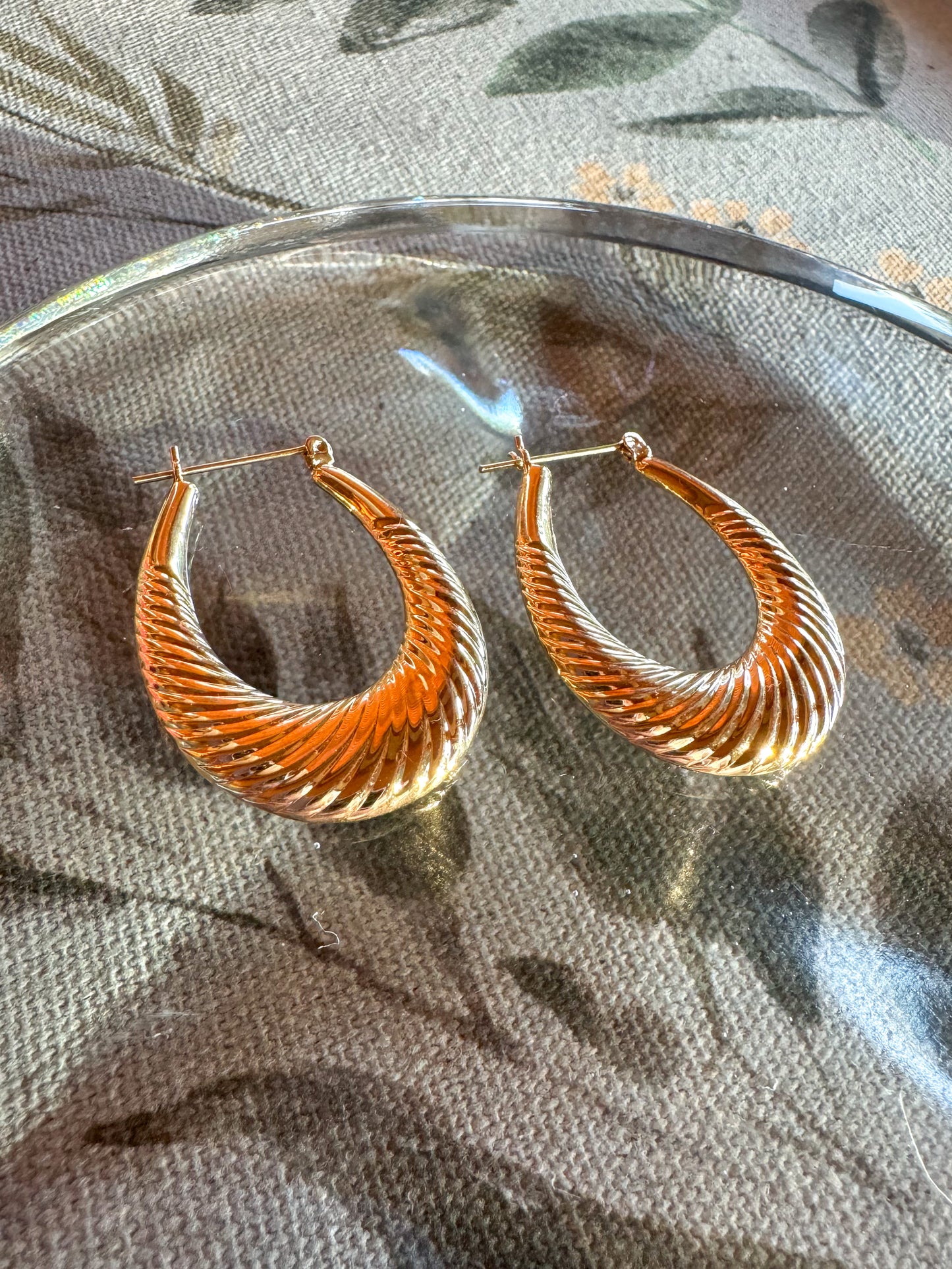 14K Large Yellow Gold Ribbed Hoops