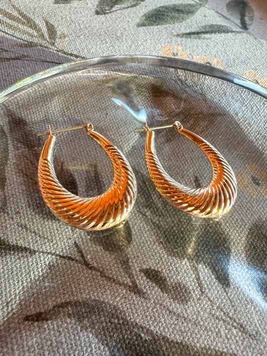 14K Large Yellow Gold Ribbed Hoops