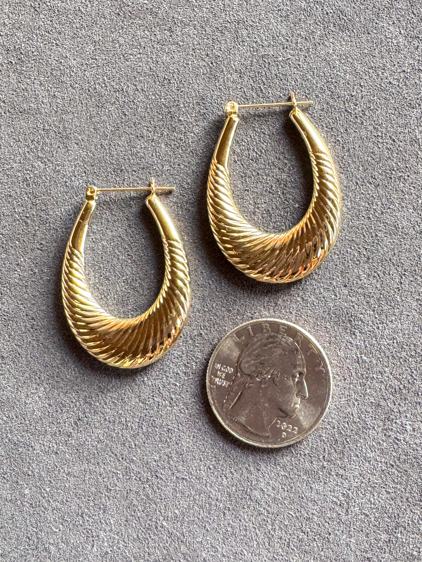 14K Large Yellow Gold Ribbed Hoops