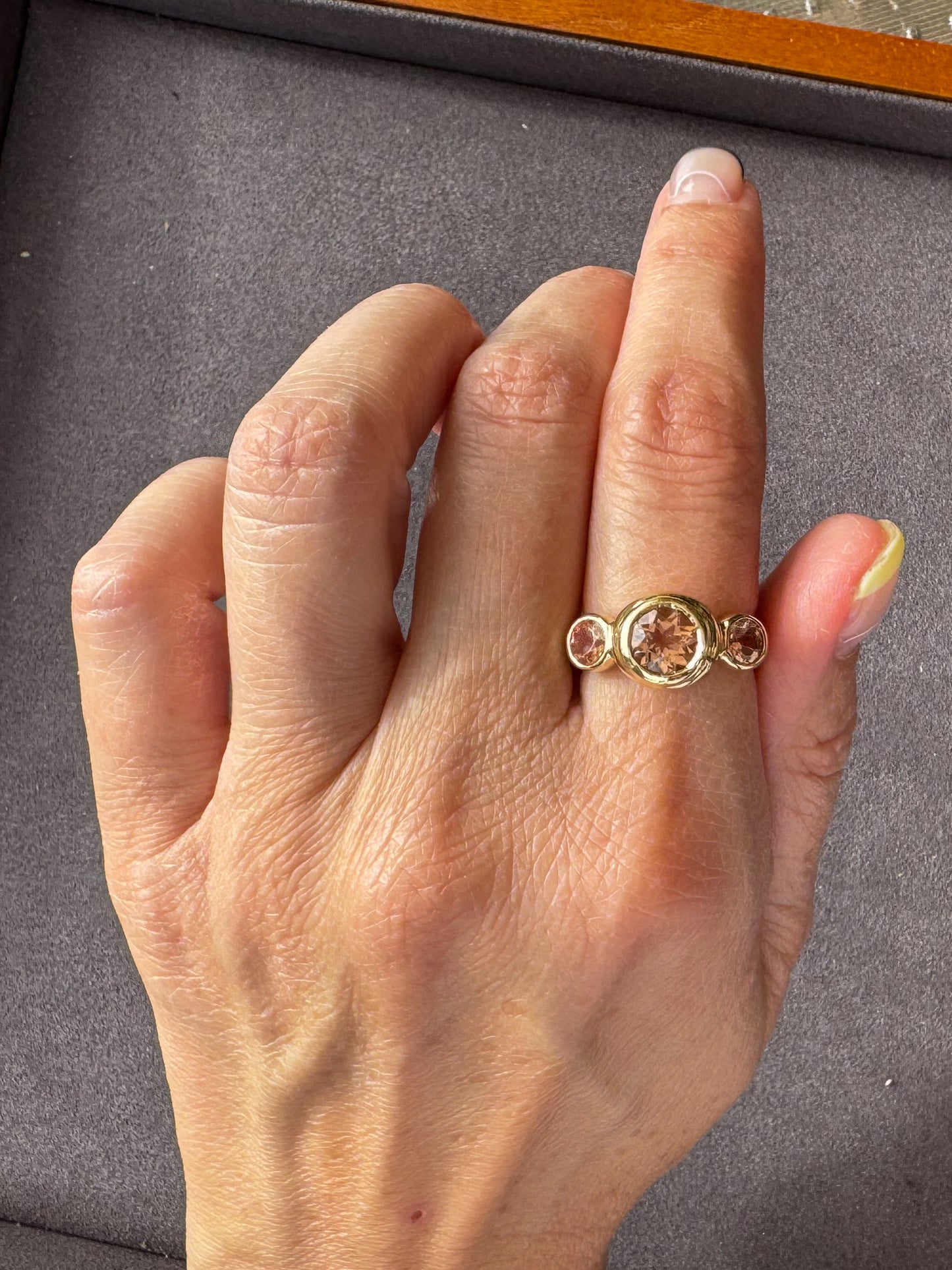 14K Yellow Gold Three Stone Ring with Oregon Sunstones