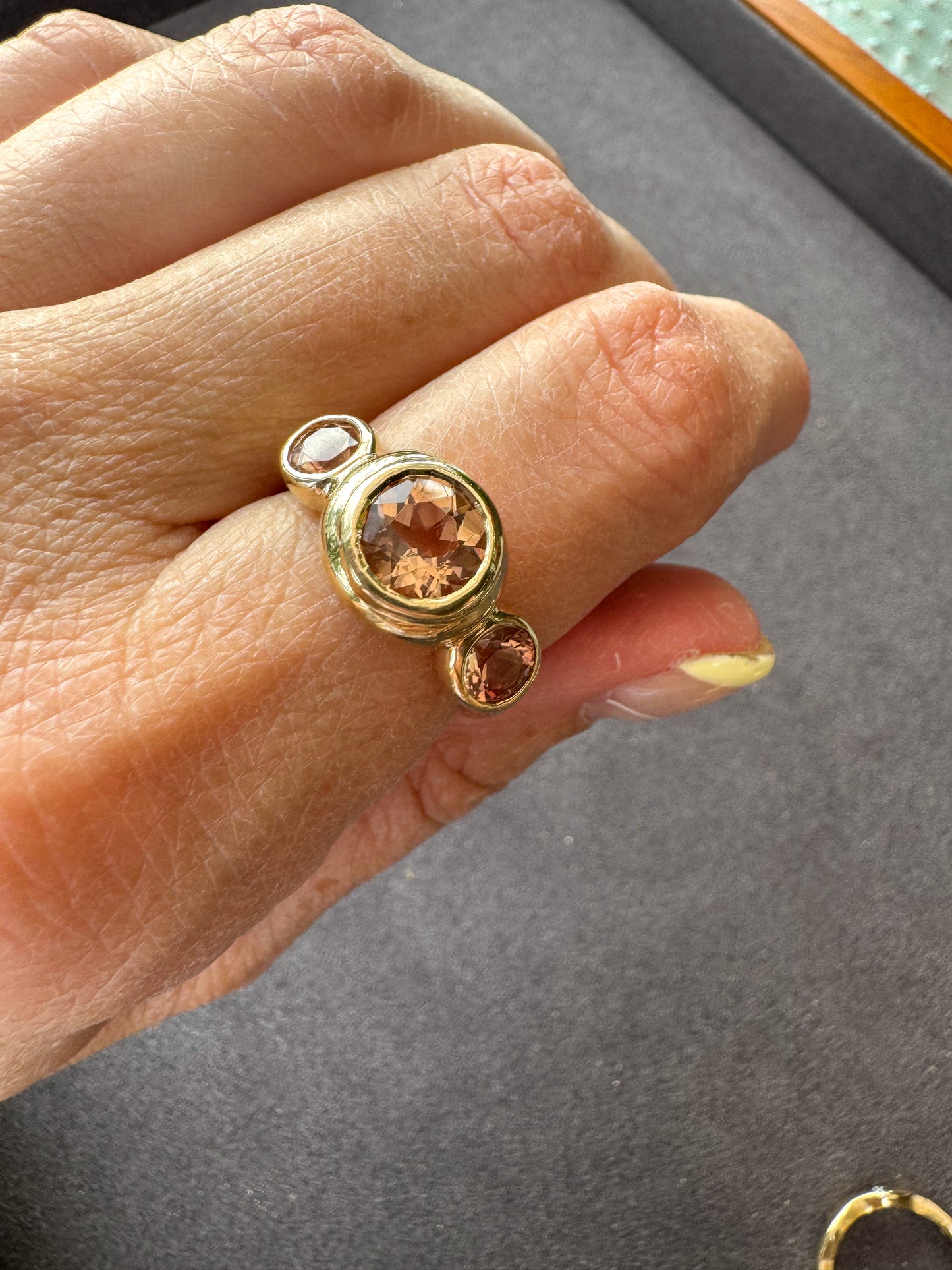 14K Yellow Gold Three Stone Ring with Oregon Sunstones