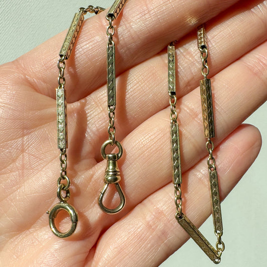 Antique 14K Yellow Gold Art Deco Bar Link Watch Chain with Dog Clip and Bolt Clasp